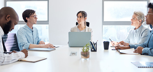 Image showing Meeting, business people and manager on laptop, talking and discussion, feedback and ideas, talking or listening. Manager, employees and women, men or team with group notes, staff update and agenda