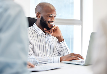 Image showing Laptop, meeting and happy business man for report, proposal or online review of results, company agenda or thinking. Email, workshop and african person on computer, conference room or reading summary