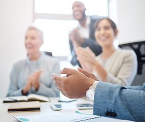 Image showing Hands, applause and people in business meeting, presentation or team building workshop with staff. Group, hand closeup and clapping for celebration, achievement or corporate success, target or goal