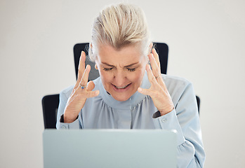 Image showing Stress, frustrated and business woman on laptop with anxiety, angry and confused for 404, error or mistake. Crisis, fail and problem of senior person on computer in burnout, depression or work anger