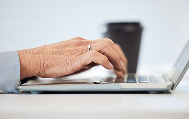 Image showing Laptop, typing and business person hands for email, online review and research, asset management or digital report. Career manager or senior people working on computer, internet or retirement website