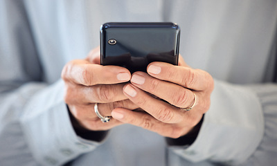 Image showing Phone, typing and business person hands for communication, social media and networking online. Connection, search and professional people on mobile chat, internet or Web 3.0 for news or opportunity