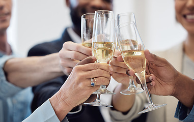 Image showing Champagne, toast and business people for celebration, success and social event, company party and happy career. Wine glasses, alcohol and professional woman, men or team hands cheers for work goals