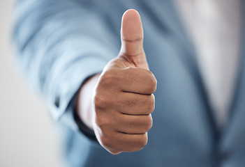 Image showing Thumbs up, success and business person hands for thank you, winning or yes, like emoji or social media subscribe. Winner, professional or people with okay, support and vote or job excellence sign