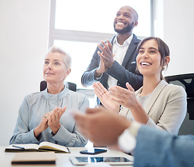 Image showing Office, applause and people in business meeting, presentation or team building workshop with staff. Group, hands and clapping for celebration, achievement or corporate success, target or goal