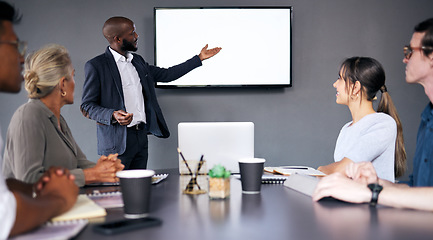 Image showing Businessman, coaching and meeting on mockup screen for project management or planning at the office. Black man, coach or business mentor in team presentation or training staff on mock up at workplace