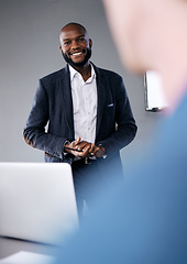 Image showing Meeting, presentation and coaching with a business black man in the boardroom for a training workshop. Management, education and planning with a young male speaker in he office during a seminar