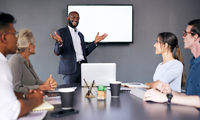 Image showing Businessman, coaching and presentation in meeting on mockup screen for project management at the office. Black man, coach or business mentor in team brainstorming or training staff at the workplace