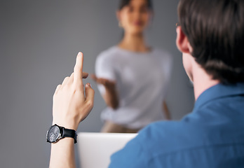 Image showing Businessman, hand and question in meeting for solution, interaction or answer at the office. Man in audience with raised hands in coaching presentation or staff training for FAQ or idea at workplace