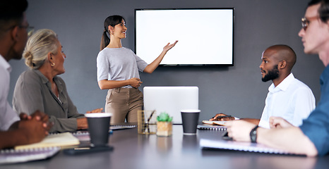 Image showing Woman, coaching and presentation in meeting with mockup screen for team strategy or project management at office. Female person, coach or mentor with smile in staff training on mock up at workplace