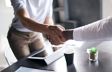 Image showing Business people, handshake and meeting for hiring, partnership or b2b deal and agreement at office. Hand of employees shaking hands for teamwork, collaboration or welcome in recruiting at workplace