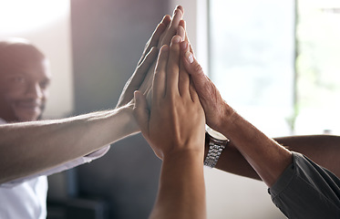 Image showing Group, business people and high five for motivation with teamwork, synergy or diversity at insurance agency. Businessman, hands and goal with happiness for team building, solidarity and collaboration