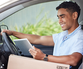 Image showing Delivery man in car with tablet, smile and box, checking location, order or online map logistics. Courier service, happy driver in van and internet for digital logistic schedule and package service.