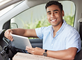 Image showing Portrait, tablet and delivery with a man in a van searching for directions to a location or address for shipping. Ecommerce, logistics and supply chain with a young male courier driving a vehicle