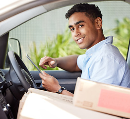 Image showing Portrait, tablet and a man courier in a van searching for directions to a location or address for shipping. Ecommerce, logistics and supply chain with a young male driving a vehicle for delivery