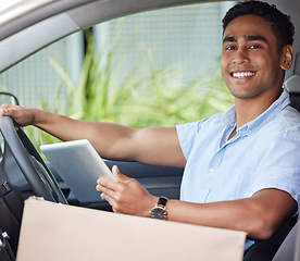 Image showing Portrait, tablet and logistics with a man in a van searching for directions to a location or address for shipping. Ecommerce, delivery and supply chain with a young male courier driving a vehicle