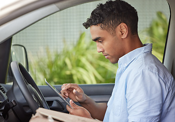 Image showing Delivery man in car with tablet, boxes and checking location, order list or online map for logistics. Courier service, driver in van and internet connection for digital logistic schedule with package