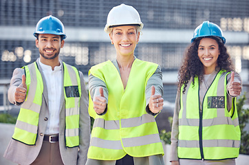 Image showing Engineer, construction and team thumbs up with a woman manager outdoor for civil engineering work. Portrait of leader and gender equality with a man and women show hands for building project success