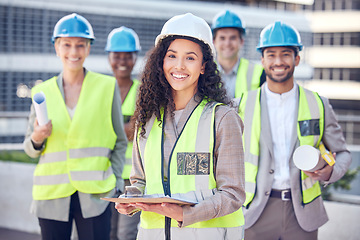 Image showing Engineering, construction and team with woman manager outdoor for civil engineer project. Portrait of leader and gender equality with men and women together for architecture, building and development