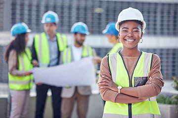 Image showing Engineer, black woman or manager at construction site outdoor for civil engineering and architecture. Portrait of leader for gender equality with architect people and smile for city project success