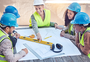 Image showing Architect, engineering and team with blueprint outdoor on table for construction and building project. Manager for gender equality with men and women talking floor plan discussion, planning and paper