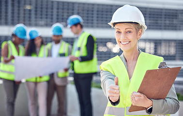 Image showing Engineer, construction and woman manager thumbs up outdoor for civil engineering and architecture. Portrait of leader and gender equality with architect people and hand sign for project success