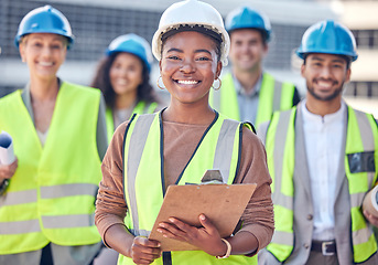 Image showing Engineer, construction and team with black woman or manager outdoor for civil engineering and building. Portrait of leader and gender equality with men and women together for site engineering project