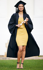 Image showing Smile, graduation and portrait of woman at college for future, scholarship and achievement. Certificate, university and success with female student for school, diploma and graduate celebration