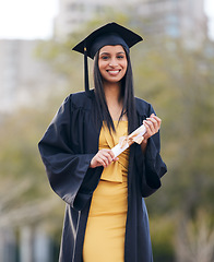 Image showing Education, graduation and portrait of woman at college for future, scholarship and achievement. Certificate, university and success with female student for school, diploma and graduate celebration