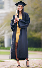 Image showing Diploma, graduation and portrait of woman at college for future, scholarship and achievement. Certificate, university and success with female student for school, education and graduate celebration