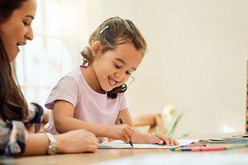 Image showing Homework, mom and help girl with learning, education and student writing or home school, study and working on table. Mother, child and work together on math, drawing or parent helping on project