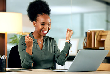 Image showing Business, celebration and black woman with success on laptop, computer or working achievement, promotion or bonus. Businesswoman, excited and employee celebrate happiness in office or workplace