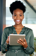 Image showing Black woman in business, tablet and smile in portrait, web design and app development with tech. Happy female developer with digital touchscreen, internet and software upgrade at creative startup