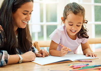 Image showing Girl, mom and help on learning, homework and student writing or home school education, study and working on table. Mother, child and work together on math, drawing or parent helping on project