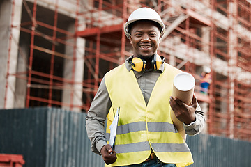 Image showing Architect, black man and plan outdoor at construction site building with a smile for development. Happy African engineer person portrait for project management, inspection or architecture blueprint