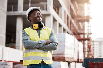 Image showing Engineer, black man and thinking at construction site building with a smile for development or progress. Happy African contractor outdoor for project management, inspection and architecture idea