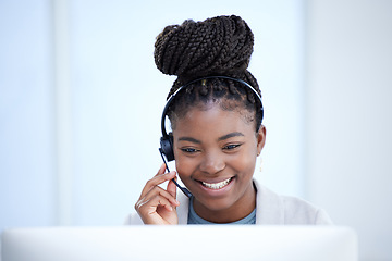 Image showing Call center, computer and black woman smile for telemarketing, customer service or support. Contact us, crm and African female sales agent, consultant or employee consulting in business office online