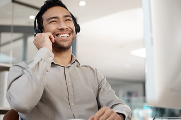 Image showing Businessman, call center and smile with headphones for customer service, support or telemarketing at office. Happy man, consultant or agent smiling for online advice, telesales or help at workplace