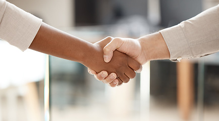 Image showing Business people, handshake and meeting in partnership agreement for deal, b2b or hiring at office. Employee shaking hands for teamwork, recruiting or welcome introduction or thank you at workplace