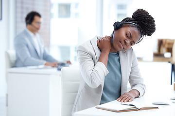 Image showing Stress, tired and call center woman with neck pain, burnout or health problem in customer service or sales. Black female crm agent or tech support consultant with injury, fatigue or stretching muscle
