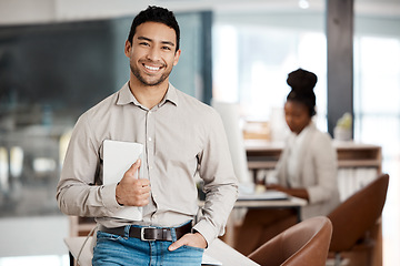 Image showing Happy, tablet and portrait of business man in office for professional, digital and pride. Communication app, website and technology with male employee for management, mission and internet in startup