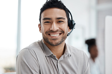 Image showing Happy asian man, call center and portrait smile with headphones in customer service or telemarketing at office. Face of businessman consultant agent smiling in online advice or telesales at workplace