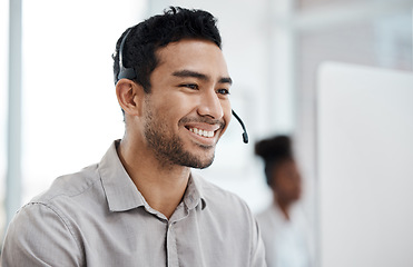 Image showing Businessman, call center and smile with headphones in customer service, support or telemarketing at office. Happy asian man consultant agent smiling for online advice, telesales or help at workplace