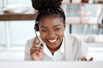 Image showing Black woman, call center and smile with headphones in customer service, support or telemarketing at office. Happy African female person consultant agent smiling for online advice or help at workplace