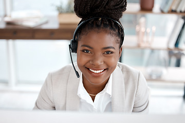 Image showing Black woman, call center and portrait smile in customer service, support or telemarketing at office. Happy African female person consultant agent smiling for online advice or telesales at workplace