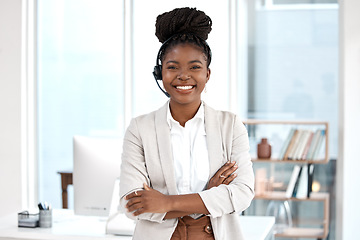 Image showing Call center, arms crossed and portrait of black woman in office for communication, consulting and customer service. Help desk, happy and contact us with female employee for sales, online and network