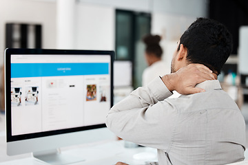 Image showing Businessman, call center and neck pain in stress, burnout or anxiety and overworked at office. Tired or frustrated man consultant agent in mental health, ache or discomfort by computer at workplace