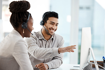 Image showing Call center, training and computer with business people in office for coaching, customer service and communication. Help desk, contact us and mentor with man and black woman for sales and teamwork