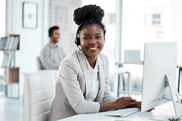 Image showing Call center, happy and portrait of black woman in office for customer service, consulting or help desk. Smile, advice and sales with female employee for technical support, communication or ecommerce