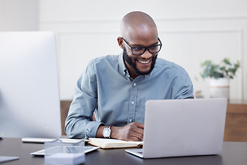 Image showing Laptop, writer and black man with notebook, smile and working on business project in office. Computer, happy and African professional taking notes, copywriting or research, planning and reading email